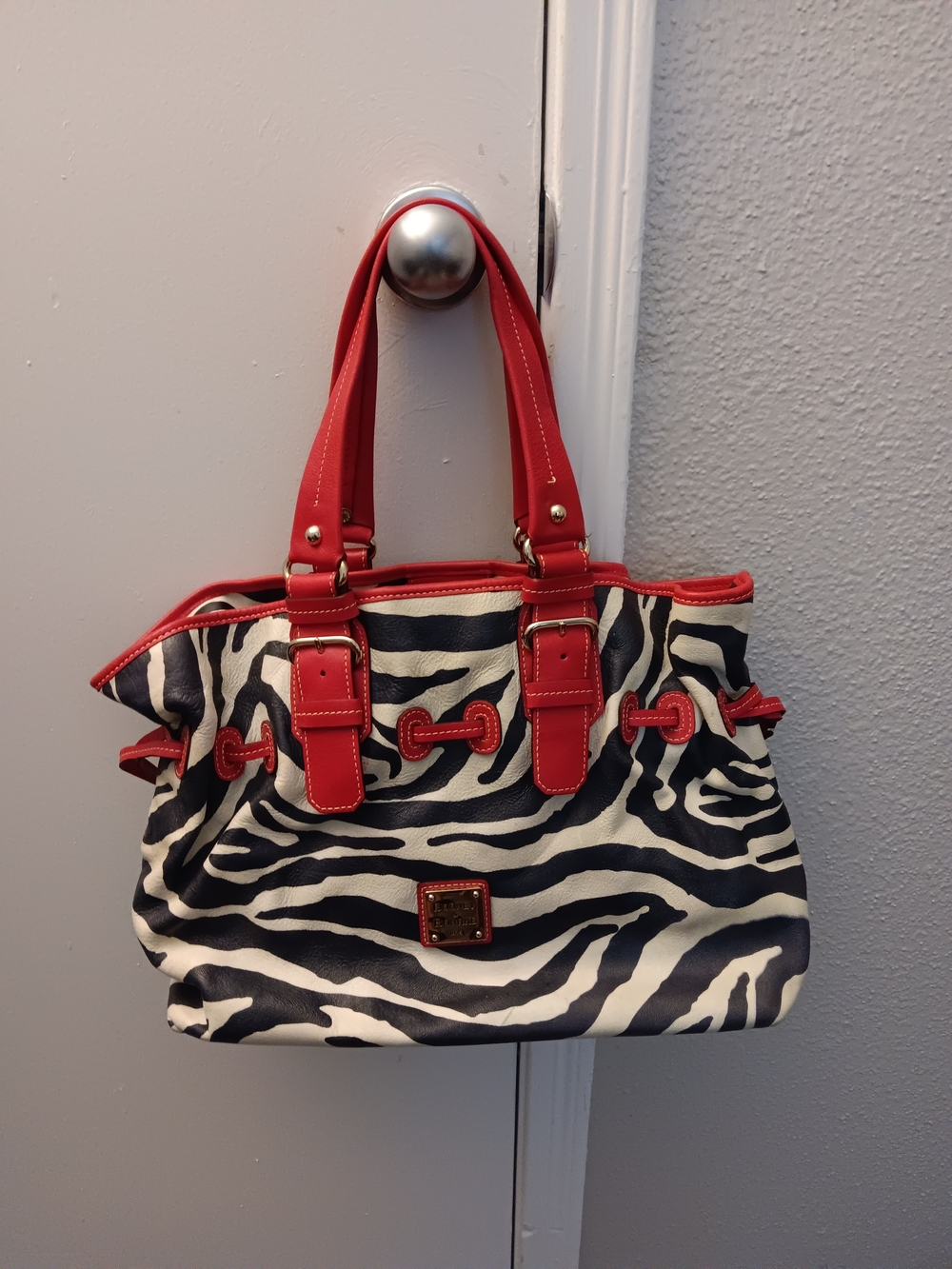 Dooney and Bourke Large Leather Zebra Print Purse Bag With Red Trim